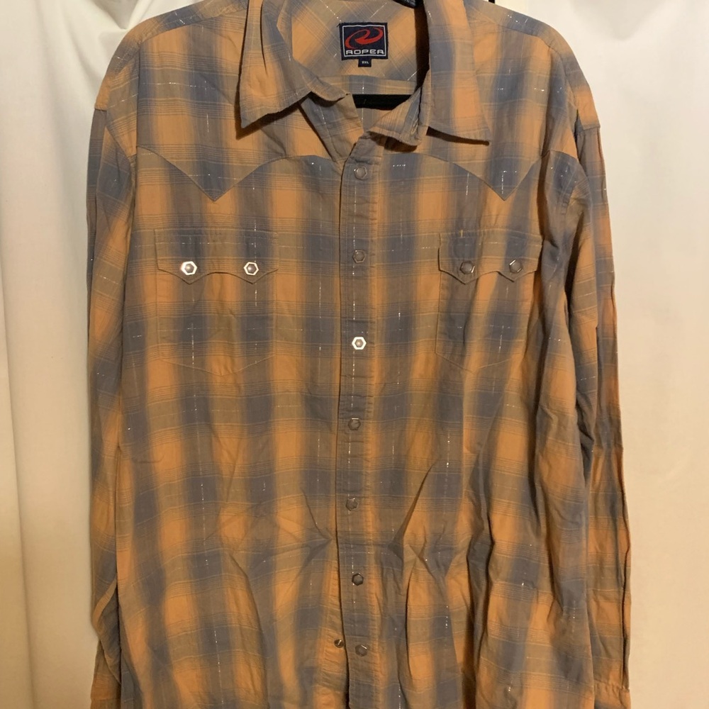 Roper Men's Casual Plaid Shirt - Gray and Orange